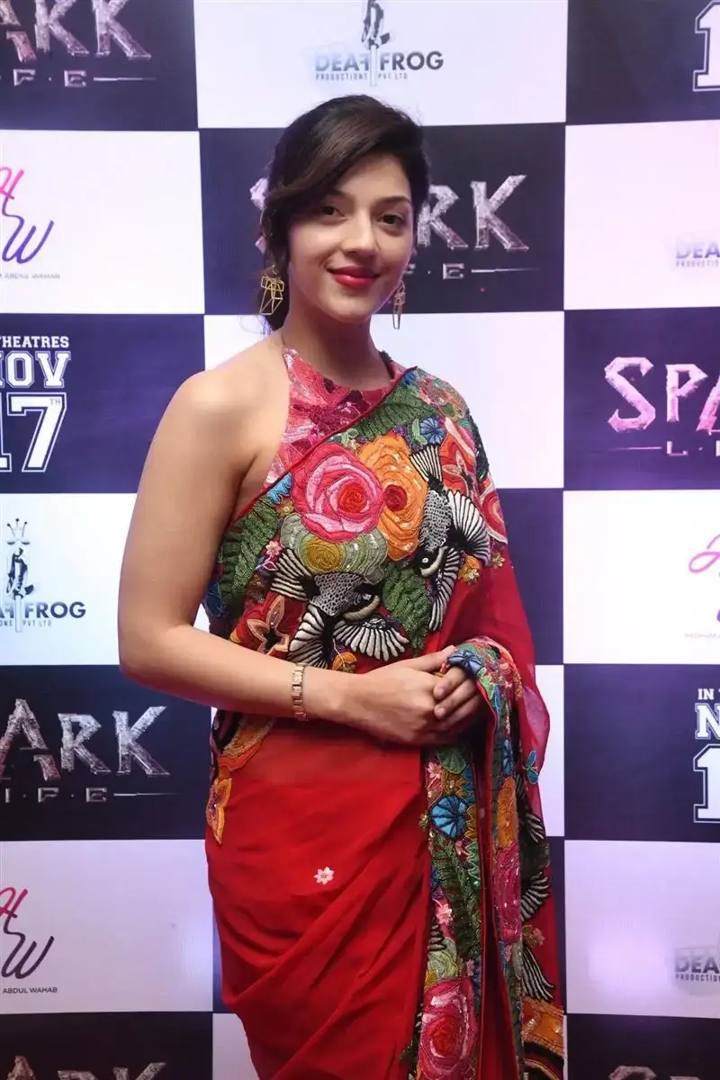 Mehreen Pirzada Red Saree at Spark LIFE Movie Trailer Launch